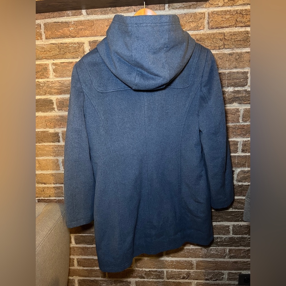 L.L. Bean Vintage Women’s Petite Medium Blue Hooded Duffel Toggle Coat Wool Mix - Picture 3 of 5